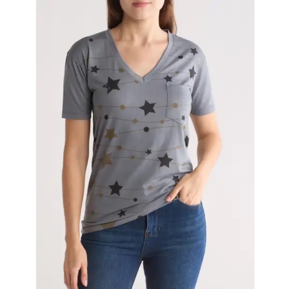 Go Couture Deep V-Neck Boyfriend T-Shirt with Stars NWOT